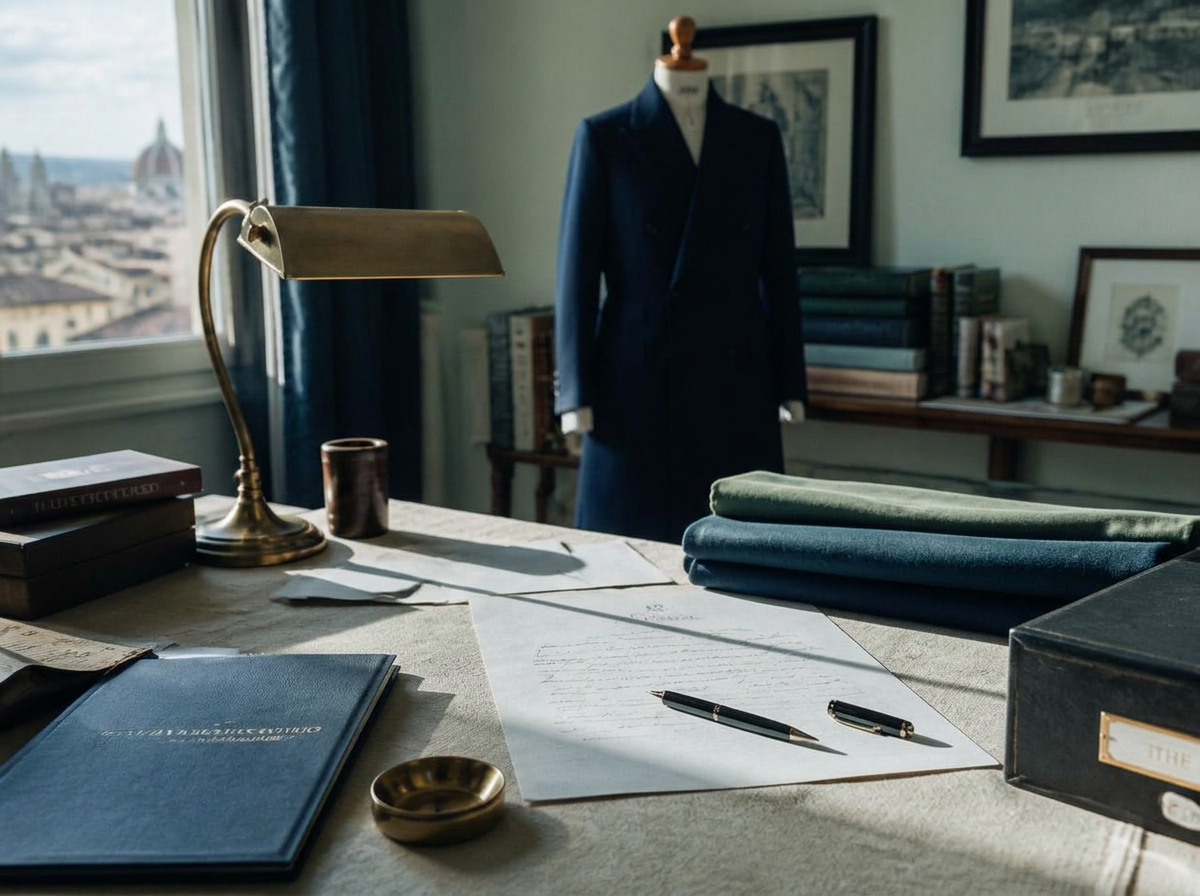A writing desk in the Marchetti & Vale atelier with a fountain pen, letter and folded cloth
