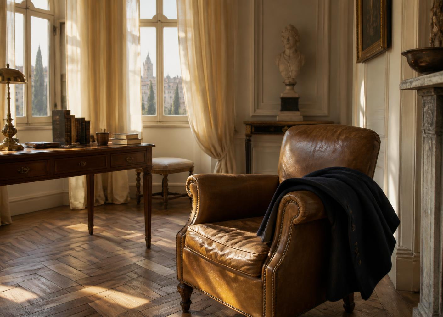Sunlit Florentine drawing room with a leather club chair and navy cashmere overcoat